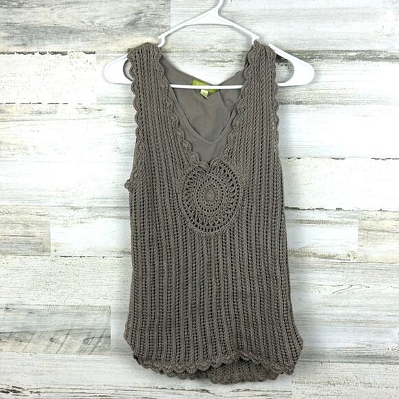 Sigrid Olsen Womens Medium Tan Boho Knit Crochet Lined Tank Top - Picture 1 of 5
